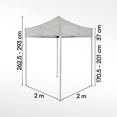 Gazebo pieghevoleb 2x2 ecotent grigio chiaro con misurazioni esatte larghezza, altezza totale, altezza passaggio e larghezza frontalino