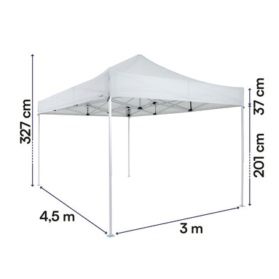 Gazebo pieghevole 3x4,5 ecotent serie e3 grigio chiaro con misurazioni esatte larghezza, altezza totale, altezza passaggio e larghezza frontalino