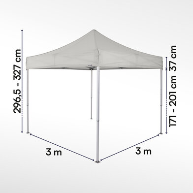 Gazebo pieghevole 3x3 serie e1 ecotent grigio chiaro con misurazioni esatte larghezza, altezza totale, altezza passaggio e larghezza frontalino