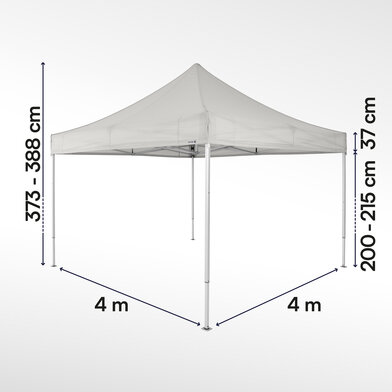 Gazebo pieghevole 4x4 ecotent grigio chiaro con misurazioni esatte larghezza, altezza totale, altezza passaggio e larghezza frontalino