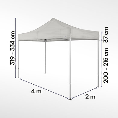 Gazebo pieghevole 4x2 ecotent grigio chiaro con misurazioni esatte larghezza, altezza totale, altezza passaggio e larghezza frontalino