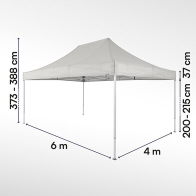 Gazebo pieghevole 6x4 ecotent grigio chiaro con misurazioni esatte larghezza, altezza totale, altezza passaggio e larghezza frontalino