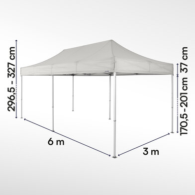 Gazebo pieghevole 6x3 serie e1 ecotent grigio chiaro con misurazioni esatte larghezza, altezza totale, altezza passaggio e larghezza frontalino