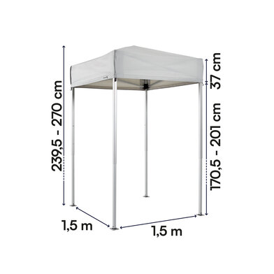 Gazebo pieghevole 1,5x1,5 ecotent grigio chiaro con misurazioni esatte larghezza, altezza totale, altezza passaggio e larghezza frontalino