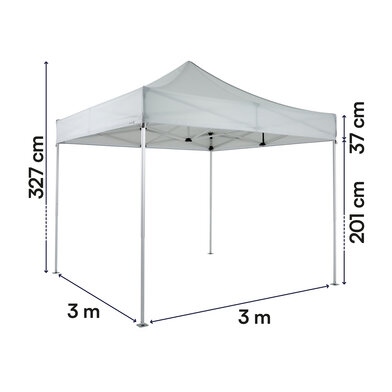 Gazebo pieghevole 3x3 serie e3 ecotent grigio chiaro con misurazioni esatte larghezza, altezza totale, altezza passaggio e larghezza frontalino