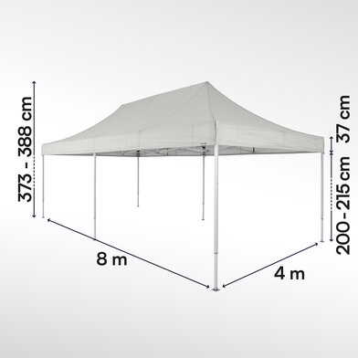 Gazebo pieghevole 8x4 ecotent grigio chiaro con misurazioni esatte larghezza, altezza totale, altezza passaggio e larghezza frontalino