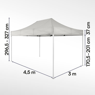 Gazebo pieghevole 3x4,5 ecotent serie e2 grigio chiaro con misurazioni esatte larghezza, altezza totale, altezza passaggio e larghezza frontalino