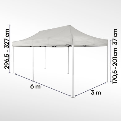 Gazebo pieghevole 6x3 ecotent serie e2 grigio chiaro con misurazioni esatte larghezza, altezza totale, altezza passaggio e larghezza frontalino