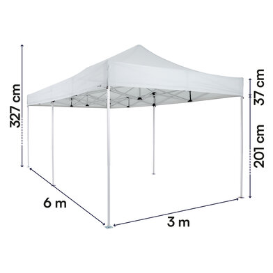 Gazebo pieghevole 6x3 ecotent serie e3 grigio chiaro con misurazioni esatte larghezza, altezza totale, altezza passaggio e larghezza frontalino