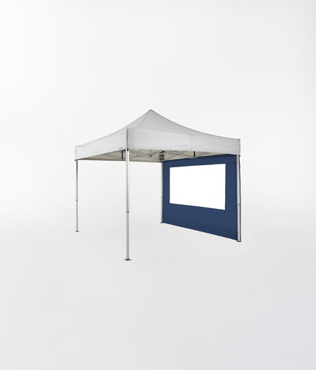 Gazebo pieghevole grigio chiaro 3x3 m con parete laterale blu scuro con finestra.