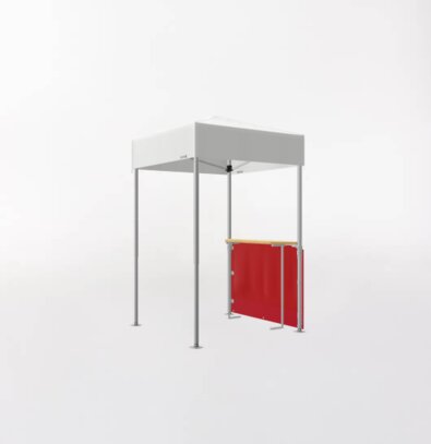 Gazebo pieghevole Ecotent 1,5x1,5m grigio chiaro con parete laterale a mezza altezza color rosso e bancone in legno